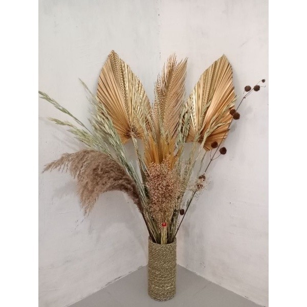 Paket Bunga Kering+Pot Vas Mendong+Daun Palem Kering+Pampas Dekorasi Bunga Backdrop Photo Studio Wed