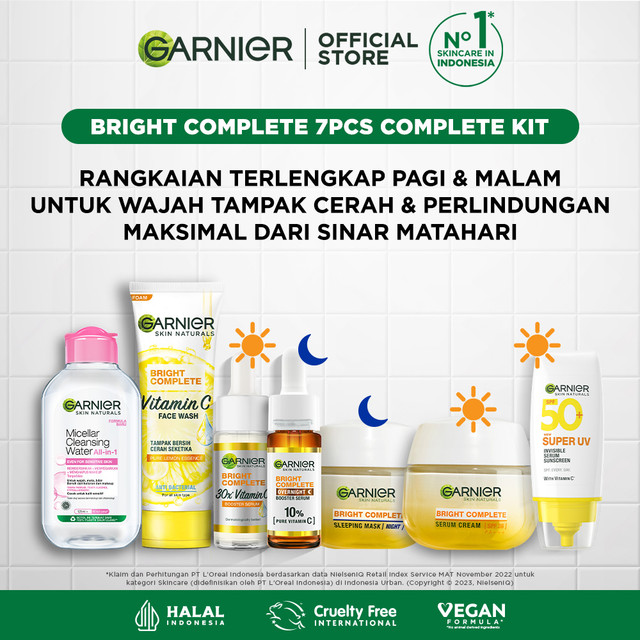 (PAKET HEMAT 7PCS) Bright Complete Vitamin C Day &amp; Night Complete Set - Micellar Pink 125ml, Foam Cleanser 100ml, Day Serum 15ml, Night Serum 15ml, Day Cream 50ml, Night Cream 50ml &amp; Invisible Serum Sunscreen SPF 50+ PA++++ 30ml