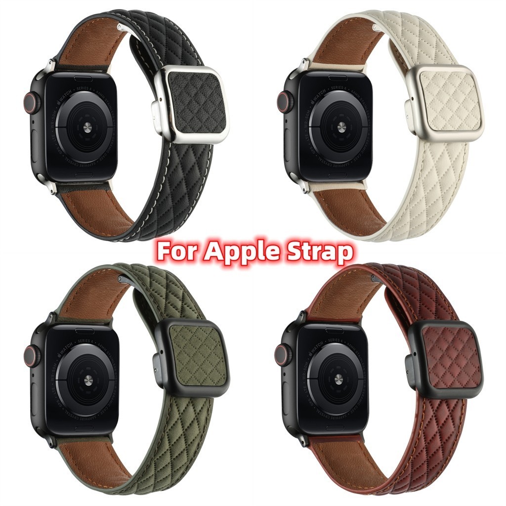 Luxury Square Magnetic Buckle Leather Watch Casing Suitable for The Series Ultra Iwatch 1/2/3/4/5/SE/6/7/8/9 Size 38/40/41/42/44/45/49 Mm Exquisite Diamond Mesh Strap Business Style Replaceable Wristband Case