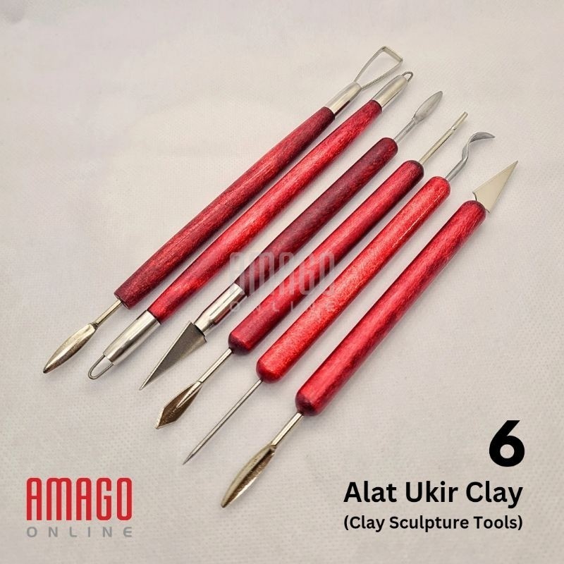 

6 buah Alat Ukir clay Gagang Kayu – Clay Sculpting and Pottery Tools