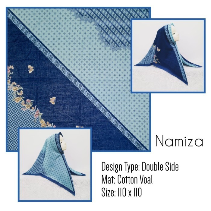 Hijab (Namiza) jilbab segiempat motif dua sisi biru muda denim navy