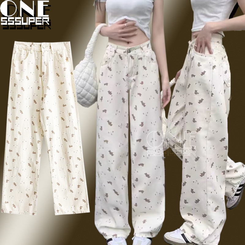 S-XL Jeans pinggang tinggi bermotif beruang antik Jeans Wanita Gaya Korea jeans kaki lurus pinggang 