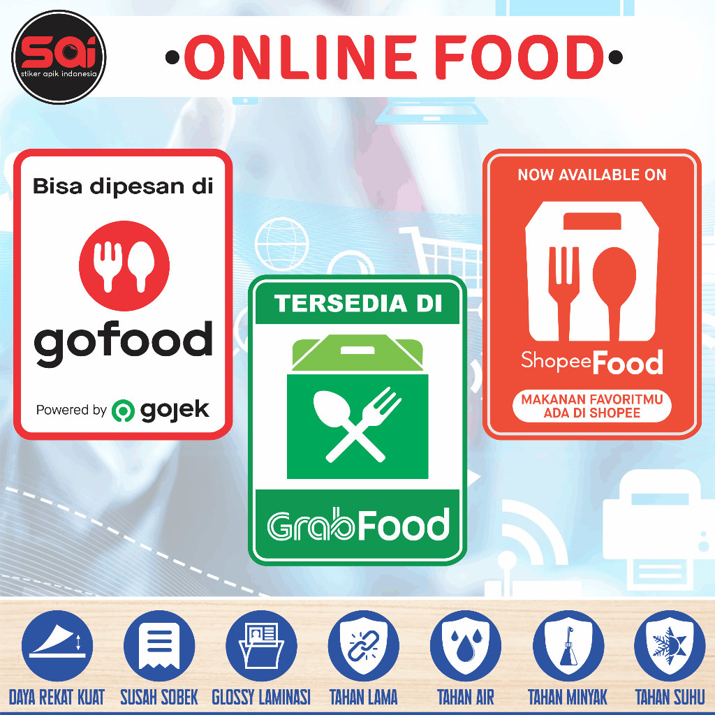 

stiker vinyl anti air ONLINE FOOD - GO FOOD - GRAB FOOD - SHOPEE FOOD PORTRAIT laminasi glossy
