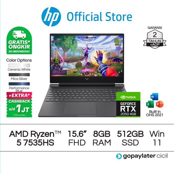 Victus Laptop Gaming HP AMD Ryzen 5 RTX 8GB RAM 512GB SSD W11 Home - 4050-8GB/512GB , White