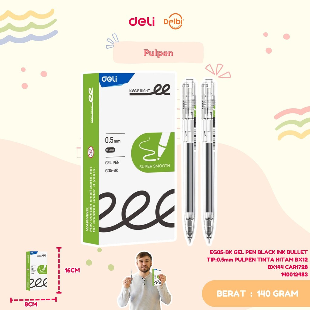 

DELI EG05-BK GEL PEN BLACK INK BULLET TIP:0.5mm PULPEN TINTA HITAM
