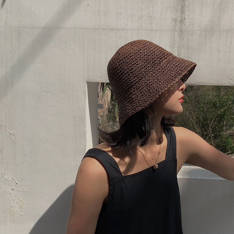 New 2023 Summer New Folding Straw Hat Outdoor Beach Sun Hats for Women Solid Color Bucket Hat Women 