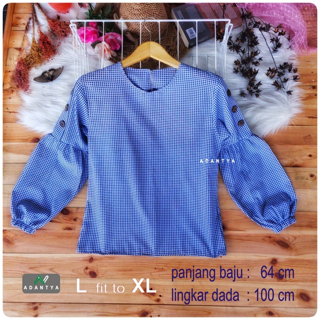 atasan motif kotak tops blouse adantya balon muslimah wanita 2021 hijab lengan panjang