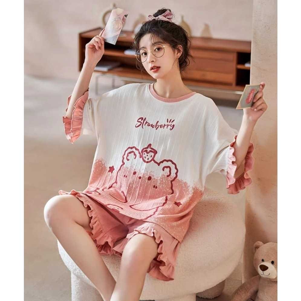 Baju tidur piyama hotpant bahan kaos import lengan pendek SETELAN SETCEL ONESET SET PIYAMA BAJU TIDU