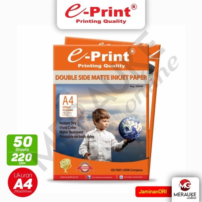 

Kertas Foto E-Print Matte / Doff Double Side A4 220gsm 50s