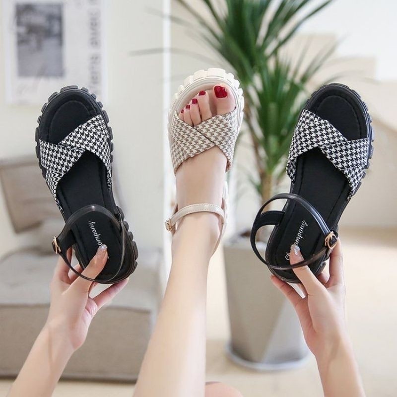 Sandal Lebaran Sandal Wanita Korean Sepatu Wedges Square Compy  Strap Tali Kekinan