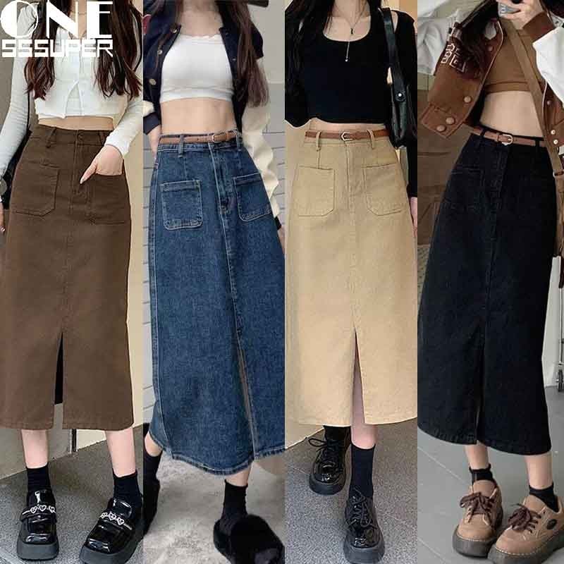 Rok panjang cowgirl ala korea Rok denim pinggang tinggi retro Rok midi denim A-line dengan belahan