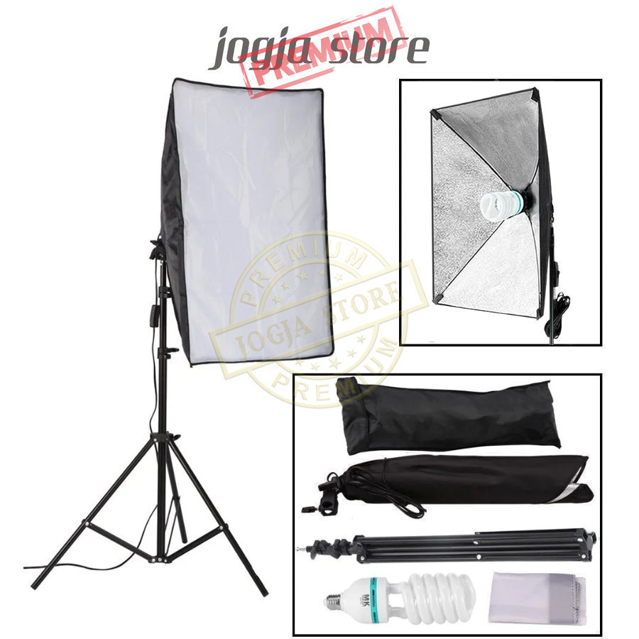 Set Softbox 1 Socket Foto Studio Payung Softbox + Bohlam 45W + Tripod Light Stand