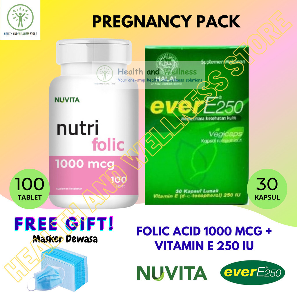 PAKET NUVITA NUTRI FOLIC 1000 MCG 100 TABLET DAN EVER E 250 IU 30 KAPSUL LUNAK ASAM FOLAT FOLIC ACID