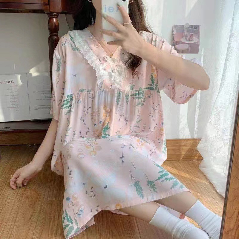 Baju tidur daster wanita lengan pendek / Premium Import / Motif bunga kerah renda