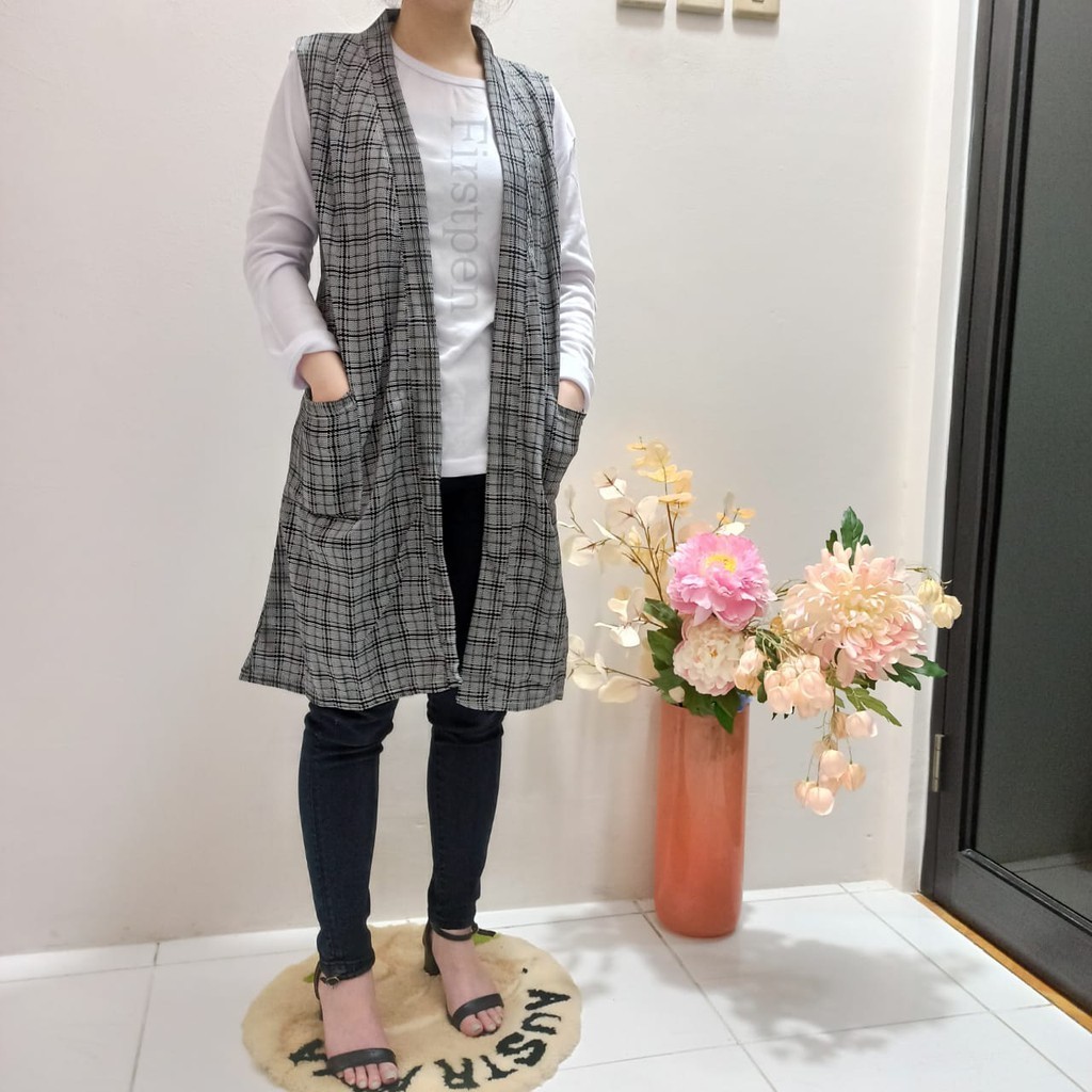 Cardigan Outer Tanpa Lengan Outer Wanita Motif Kotak
