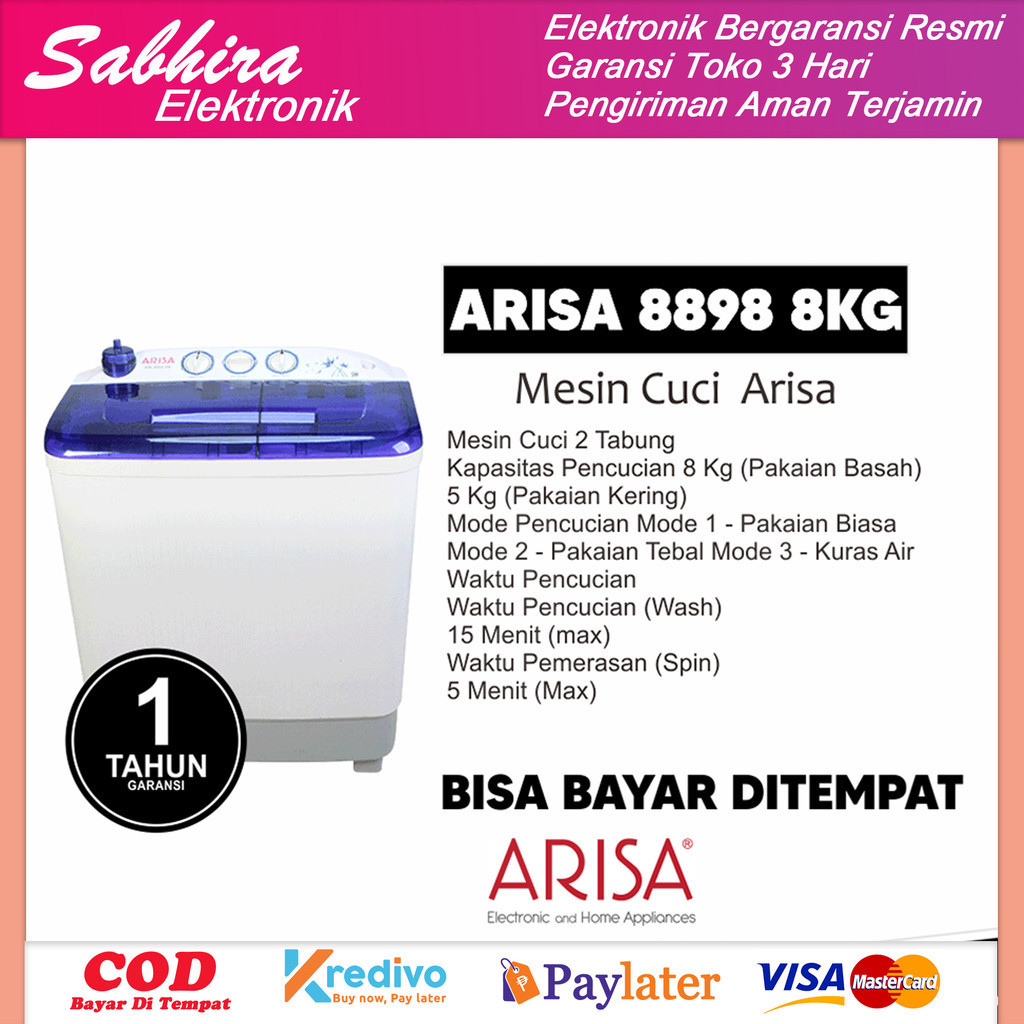 Mesin cuci 2 tabung ARISA 8kg series 8898 low watt garansi 3 tahun