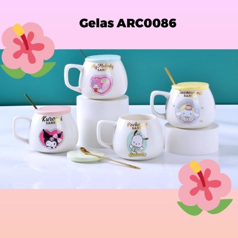 Gelas Keramik Tutup Sendok Kuromi Melody Cinnamoroll Pochacco