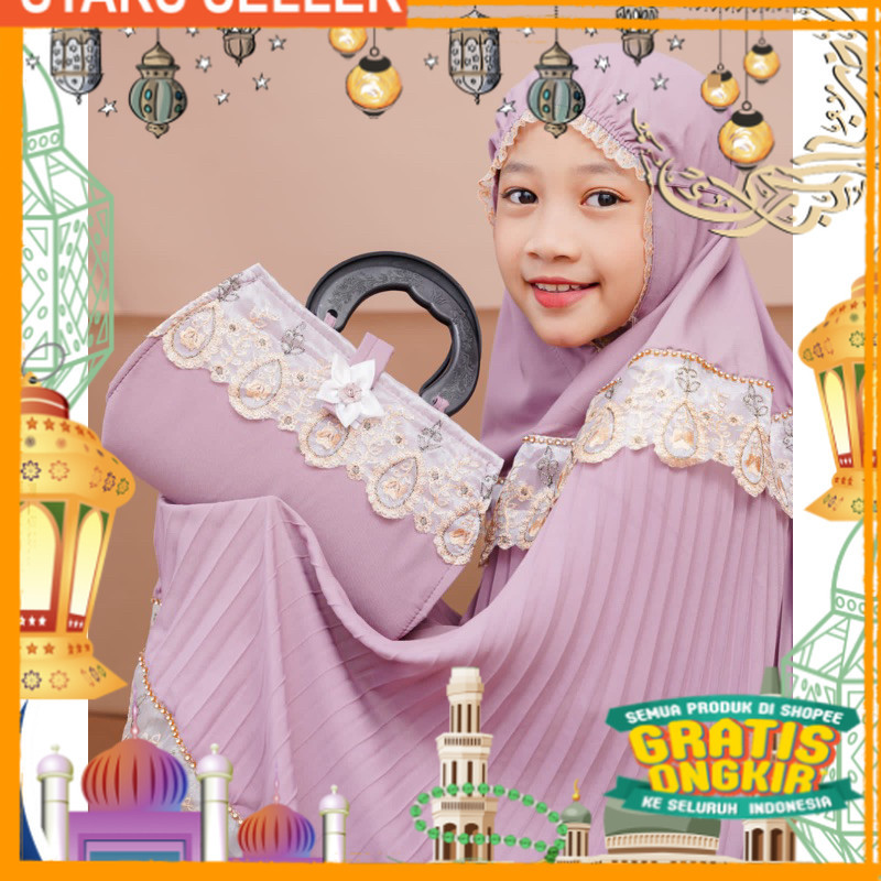 Mukena Plisket Anak Renda Bordir Swarovski/ Pink Dusty Fanta Merah muda