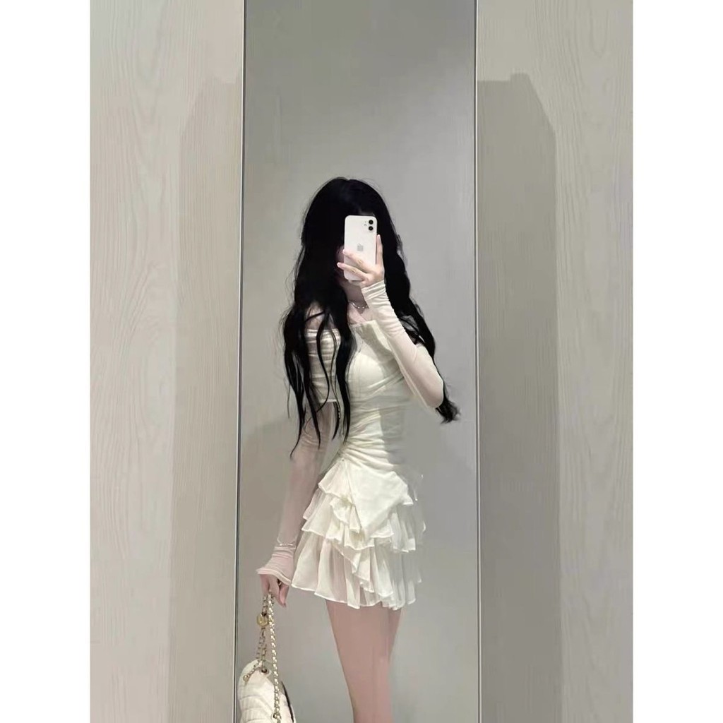 Rok Setelan Manis dan Pedas Keinginan Murni Atasan Satu Bahu Lengan Panjang Slim Fit Wanita Rok Pend