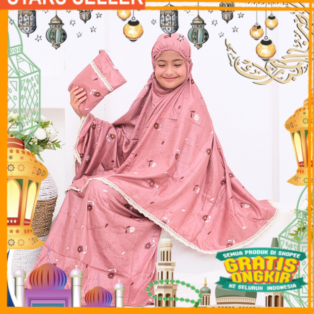 Mukena Anak Umur 6-10 tahun Renda Rayon Bali  Premium Azura XL arundaya official/ Pink Dusty Fanta M
