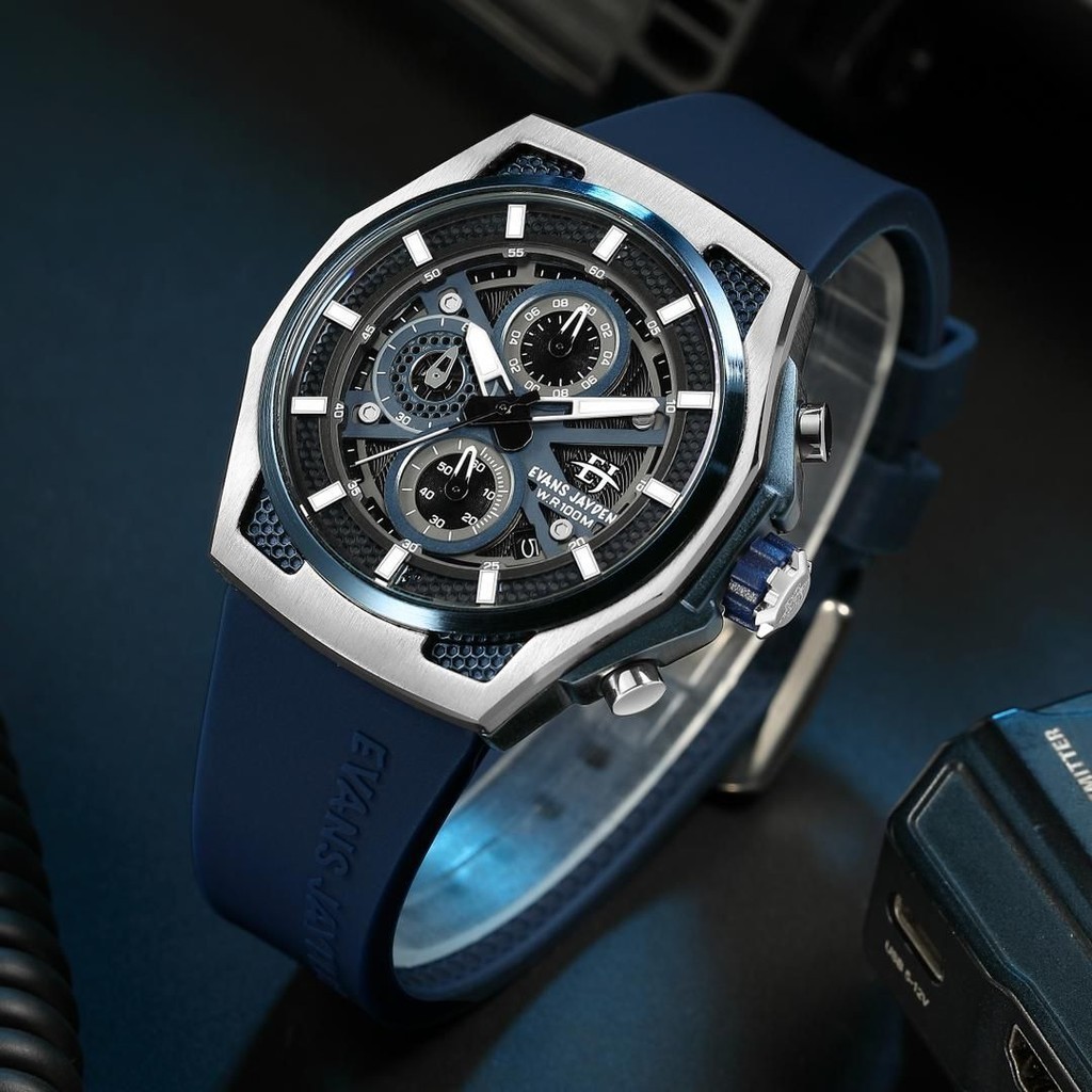 Buy 1 Get 1 jam tangan   Terbaik Evans Jayden Jam Tangan Pria 9585 Rubber Kaca Sapphire Chronograph 