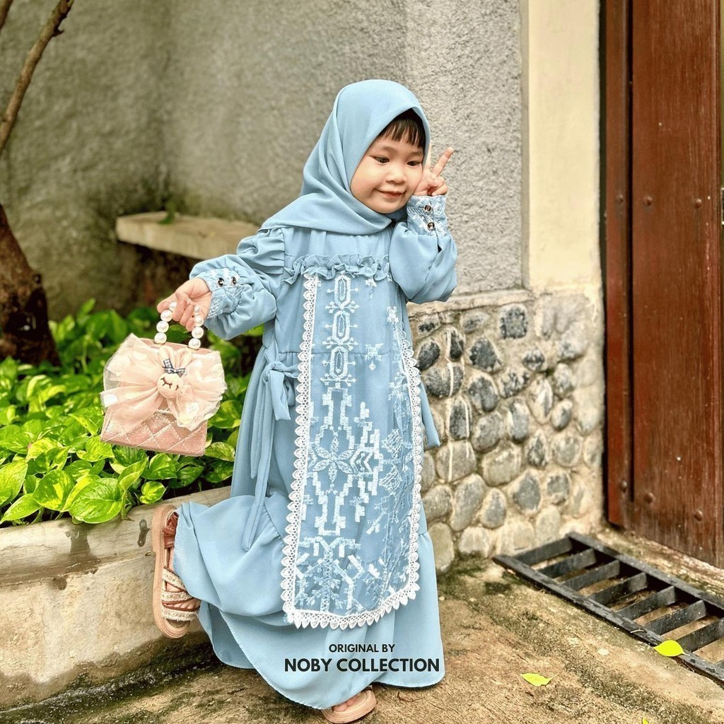 NF88UE Gamis Syarifah Set Hijab Anak Perempuan Ceruty Babydoll X Brukat Sapto Renda Cantik Baju Gamis Lebaran Mewah 2024