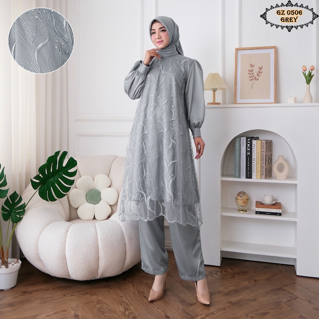 Setelan pakaian wanita atasan tunik dress muslim brukat celana kulot baju kondangan pesta lebaran ju