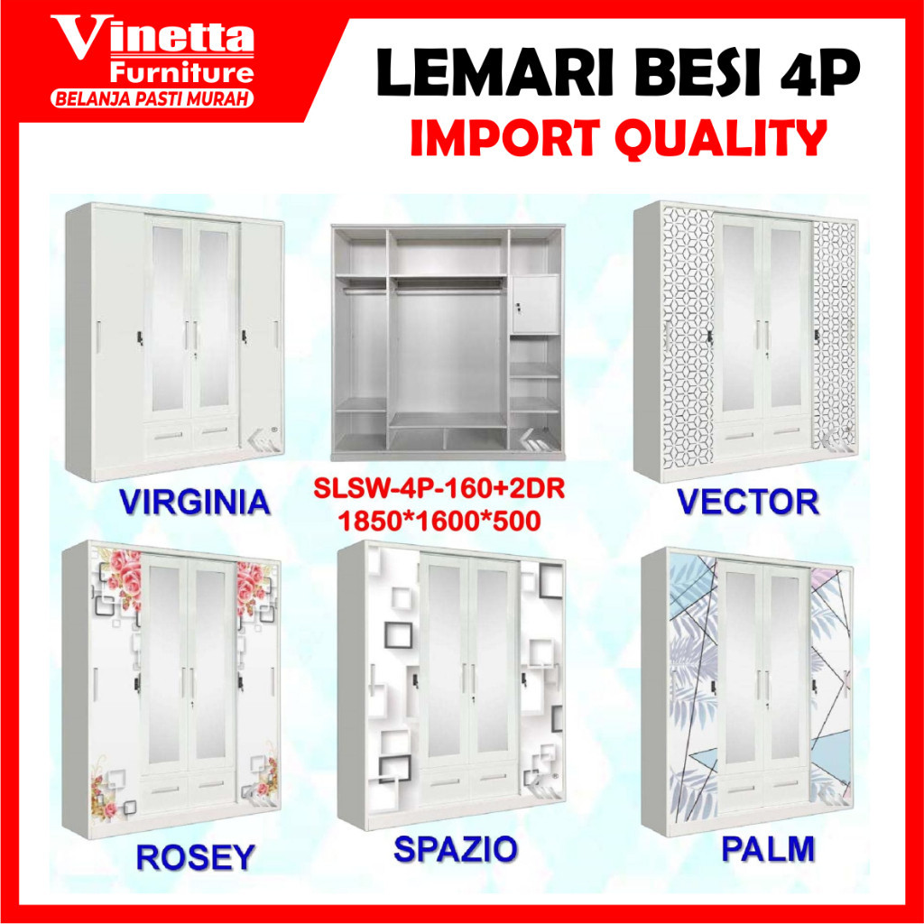 

PROMO SPESIAL Lemari Pakaian Besi 4 Pintu Sliding Cermin + 2 Laci Kualitas Import Termurah