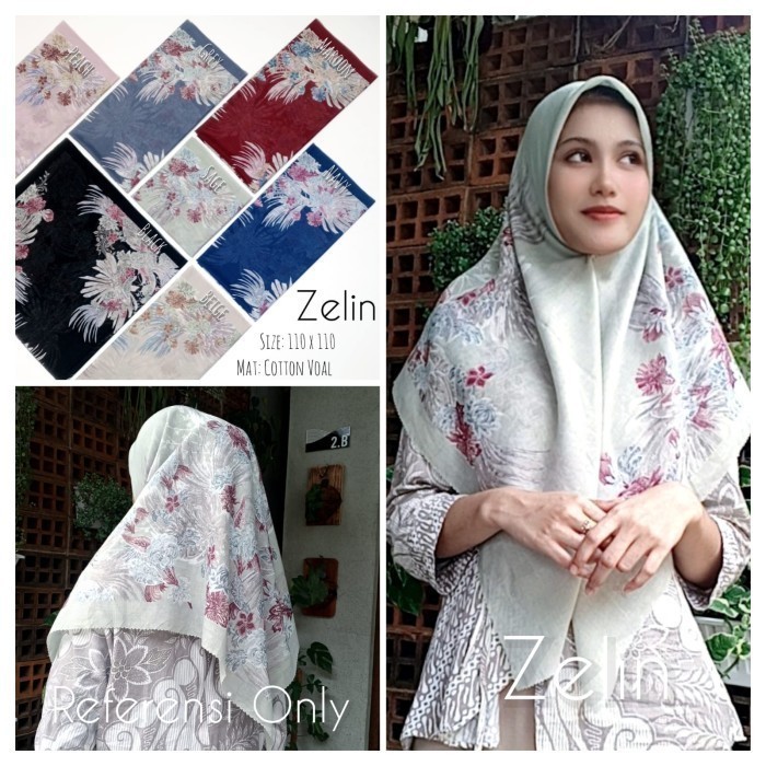 Hijab (Zelin) jilbab segiempat motif biru navy voal premium lacercut
