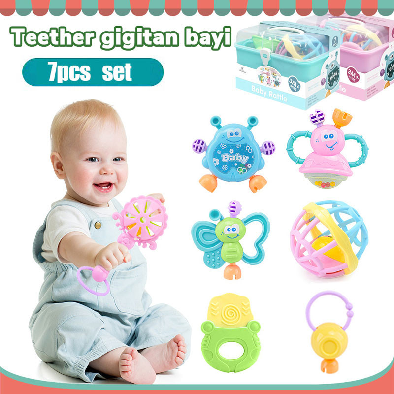 Aden Teether bayi 7PCS Baby Teether Rattle Teething Kit Mainan Gigitan Bayi Silikon PP Gigitan Bayi 