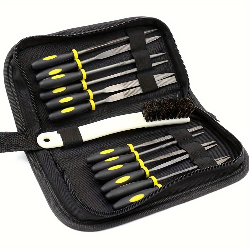 

Wood Rasp File 12pcs Set with Bristle Brush and Carrying Case (included Flat, Pointed Flat, Round, Half Round, Square, Triangle)