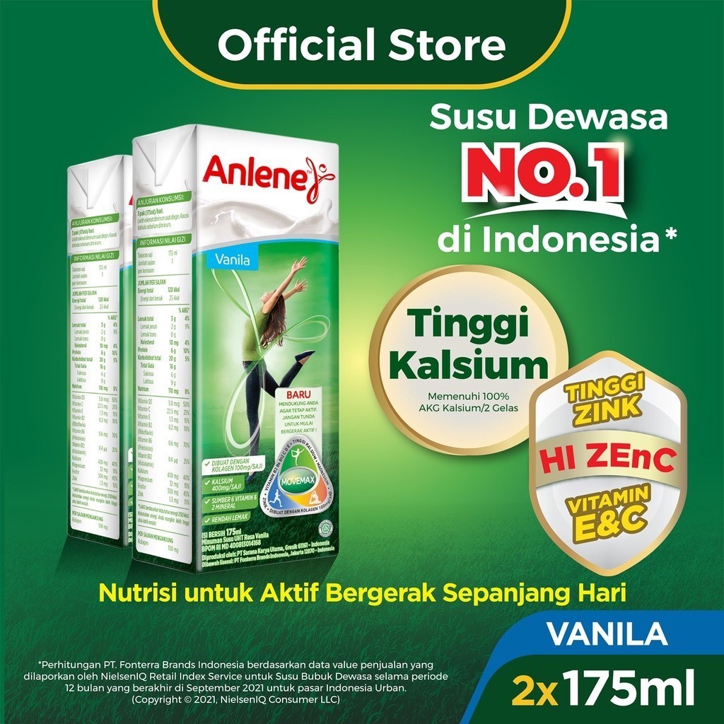 

Anlene Susu Dewasa UHT Vanila 2 x 175ml - Nutrisi Tinggi Kalsium Untuk Tulang, Sendi, dan Otot