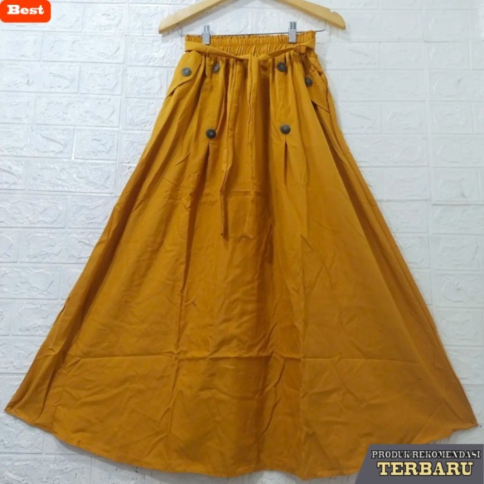 rok wanita kekinian Rok  Panjang /Rok Payung Preasi Kancing/Rok Wanita Trendi /Kekinian - Mustard, A