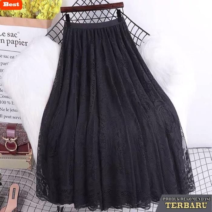 rok wanita kekinian ROK WANITA PANJANG IMPORT BROKAT BRUKAT MOTIF BANYAK WARNA / MAXI SKIRT - Hitam