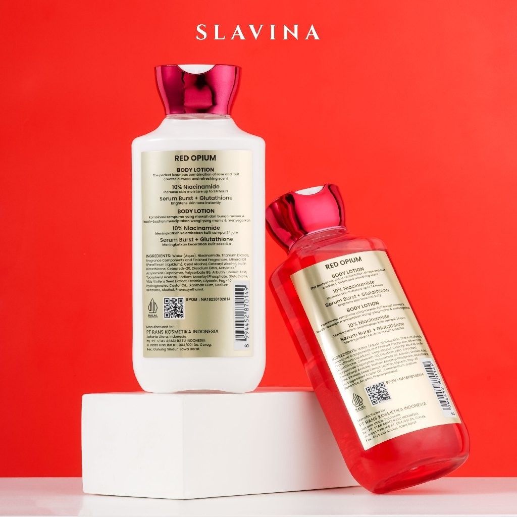 SLAVINA Body Lotion Memutihkan Red Opium Niacinamide with Serum Burst Glutathione