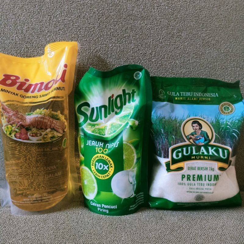 

Paket 1kg gulaku premium, bimoli 1L, sunlight 700ml