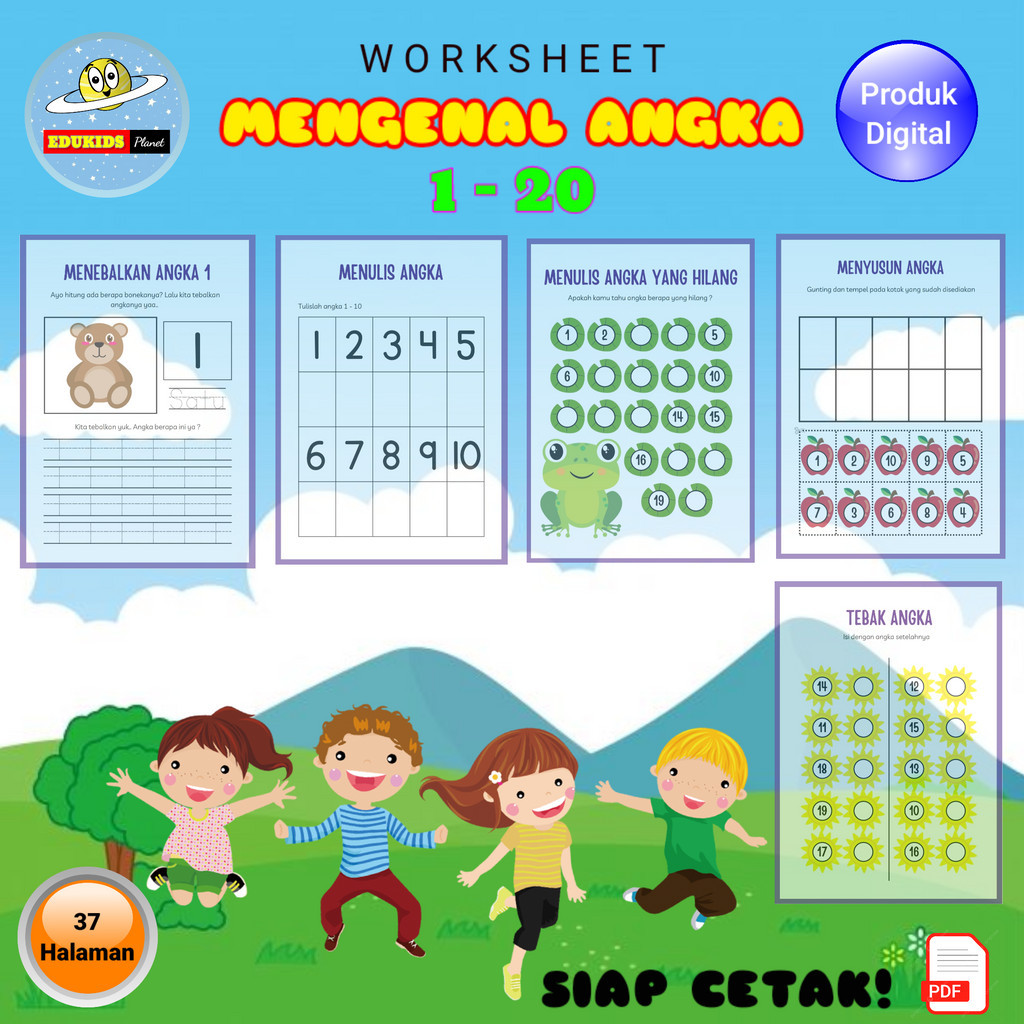 

Printable Worksheet Mengenal Angka 1-20 | Lembar Kerja Anak 37 Halaman Siap Cetak by EDUKIDS Planet
