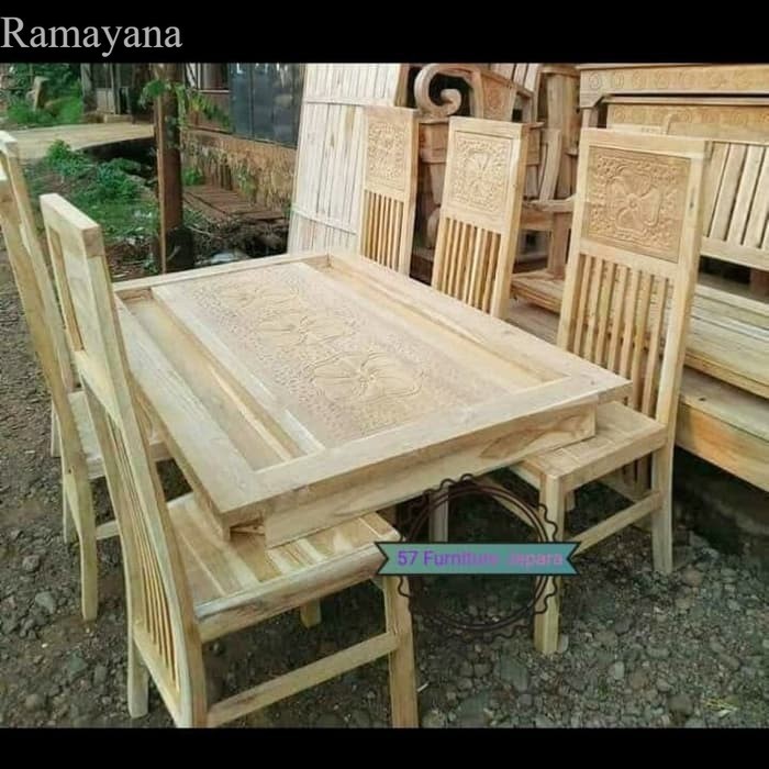 

Meja makan ukir kursi 6 kayu jati mentahan Jepara Mebel Murah