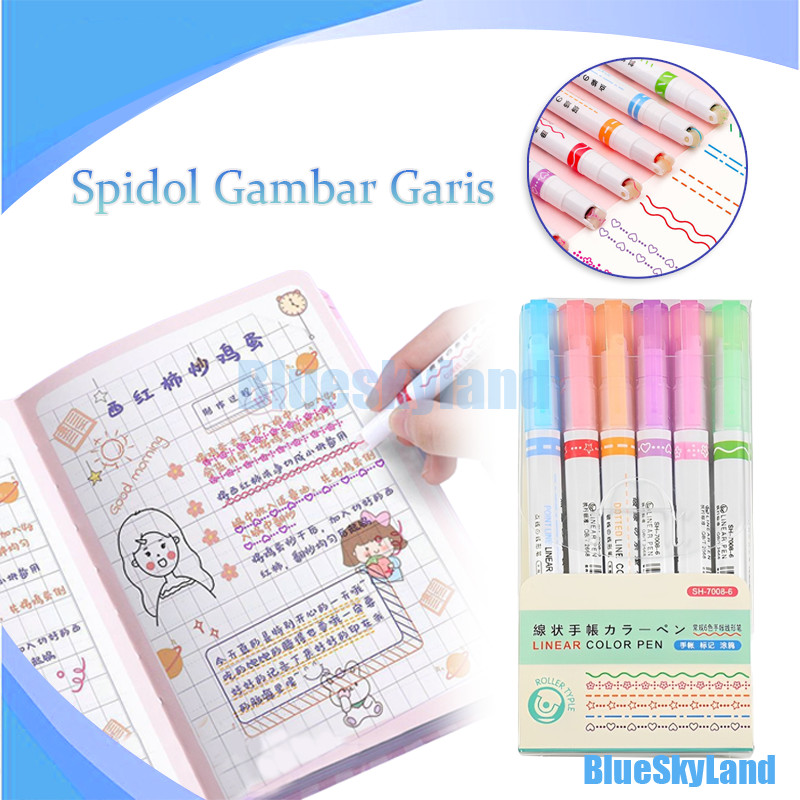 

1 Set 6 Pcs Pulpen Roller Pen Higlighter Random Spidol Garis Line Marker Alat Tulis Kantor / Pena Rol / Pena Spidol Neon / Spidol Gambar Garis