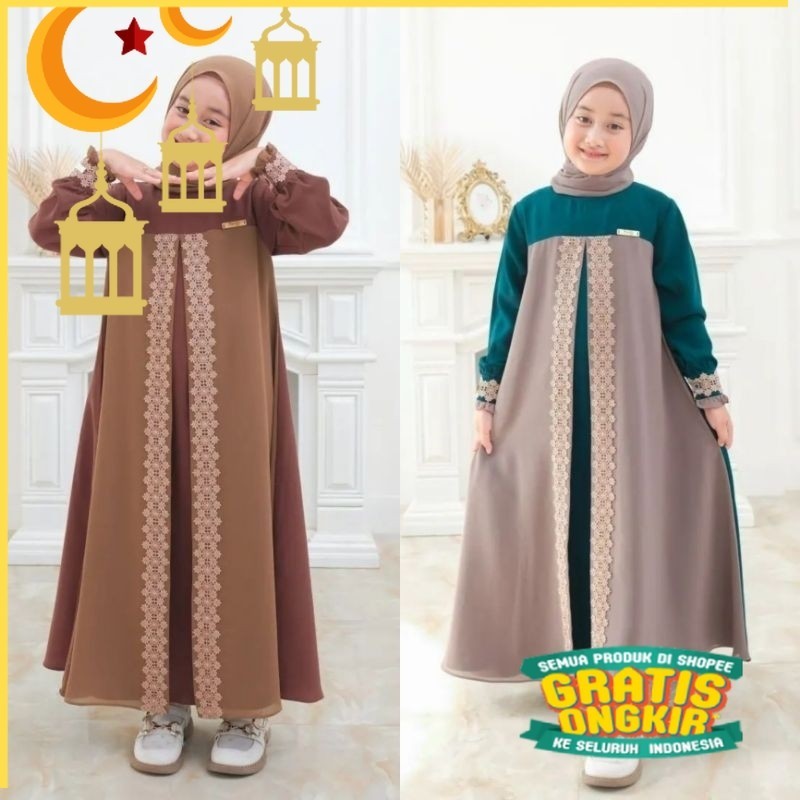 Haruna syari kids set khimar(Free Pashmina)gamis anak terbaru usia 4-14 tahun S.M.L.XL / gamis anak 