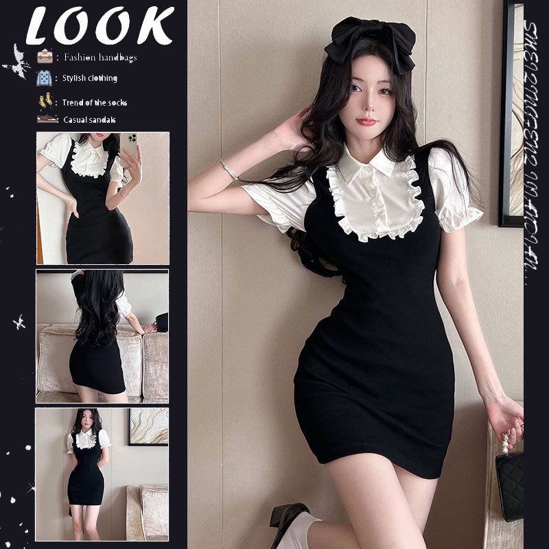 Knitted Cute Little Black Dress with Fake Collar - Dress Casual Kasual Hitam / Korean Style Dress Ko