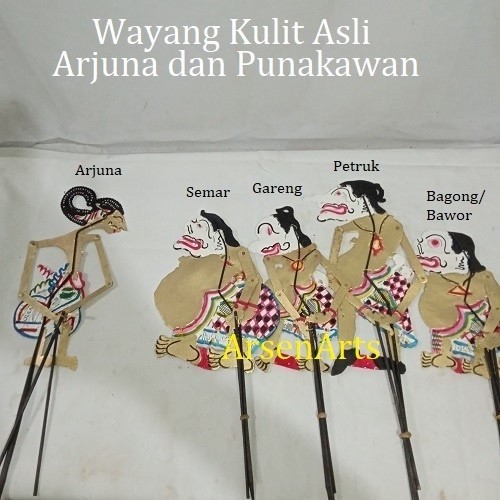Wayang Kulit Asli Ukuran Kecil Hiasan Dinding & Koleksi Bisa Dimainkan Arjuna Punakawan 1 Set 5 Pcs 