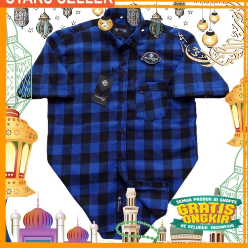 KEMEJA FLANEL PRIA LENGAN PENDEK MOTIF KOTAK CATUR BIRU / KEMEJA FLANEL PRIA LENGAN PENDEK PRIA DAN 