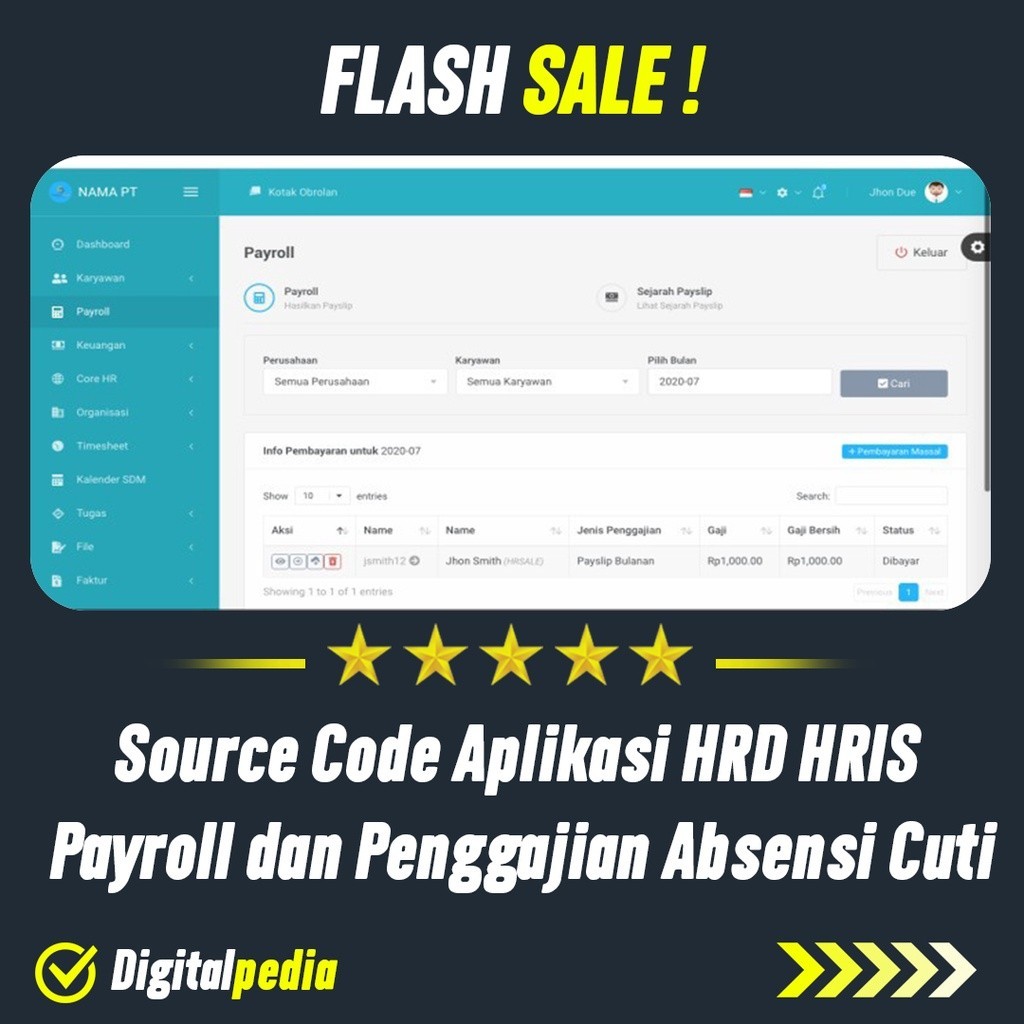 Source Code Aplikasi HRD HRIS Payroll dan Penggajian Absensi Cuti PHP Website