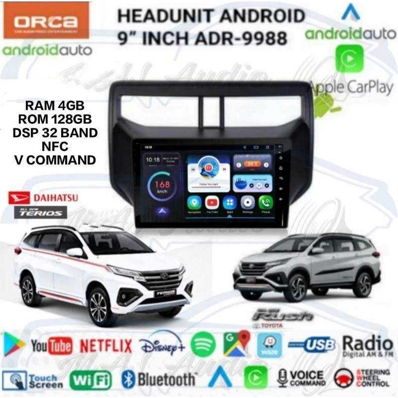 HEAD UNIT TAPE TV MOBIL ANDROID ORCA OEM TOYOTA ALL NEW RUSH/TERIOS 2018-NOW LAYAR 9 INCH RAM 4GB/12