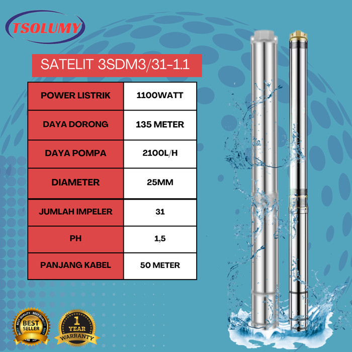 Pompa satelit 3 Inch 1.5HP 1100Watt kabel 50M pompa Stainless Steel Pompa Air Celup Sumur TSOLUMY
