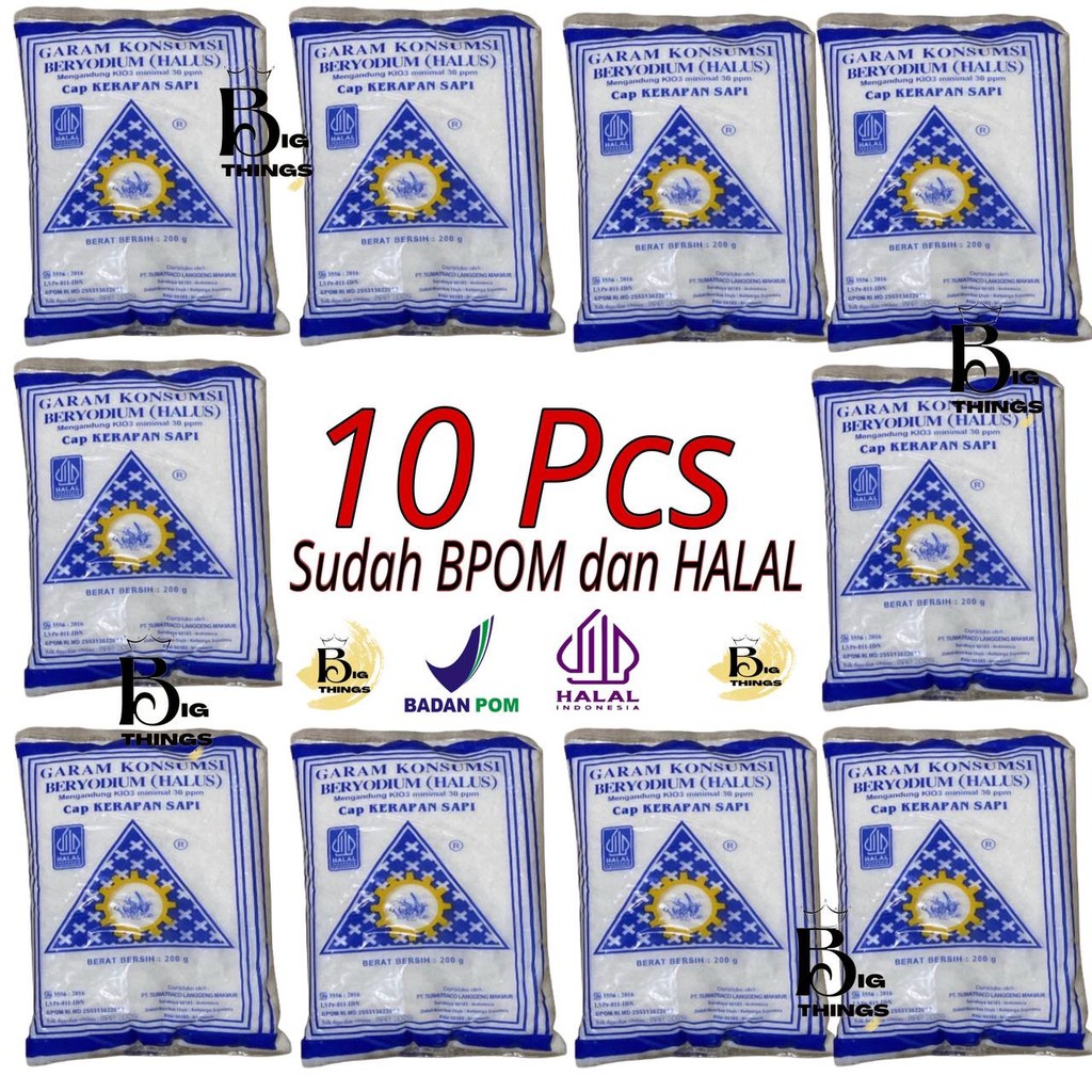 

Promo 10 Pack x 200g Garam Dapur Murni Beryodium BPOM HALAL Cap Kerapan Sapi 200g HALAL