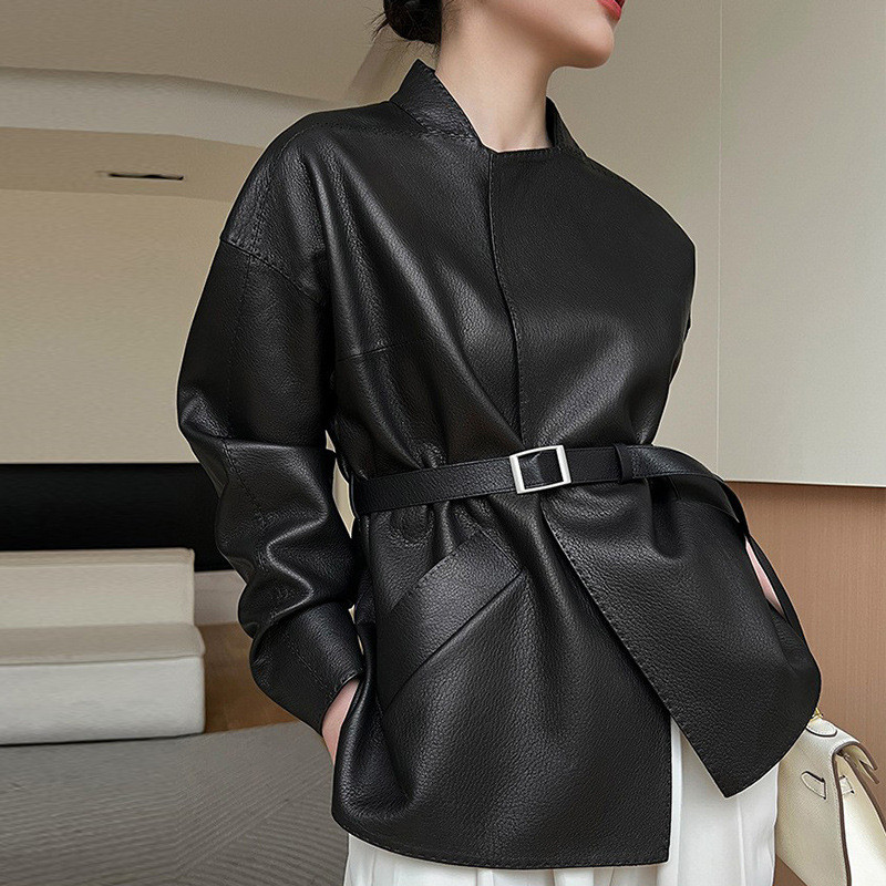 2025 Women Spring Vintage PU Leather Jacket Coat With Belt Fashion Women Cool Black Jacket Femme Str