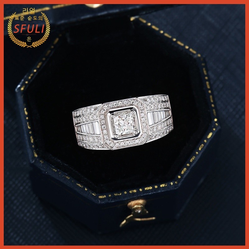 Cincin Pria Kotak Emas Putih 18K Deluxe 1 Carat 5A Zircon Ring