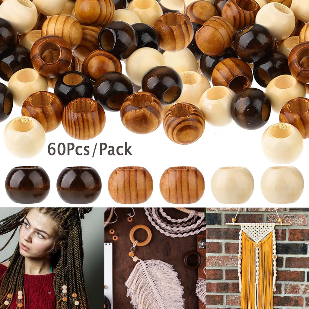 

60Pcs Natural Wooden Spacer Beads 20mm Wooden Macrame Beads Large Hole Wood Beads Round Loose Beads for Jewelry Making Hair DIY